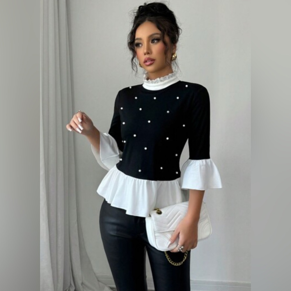 Women's Cute Long Sleeve Ruffle Hem Sweatshirt Contrast Collar Top Size M
